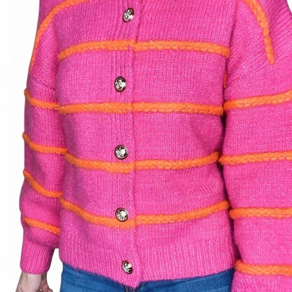NWT Fashion Clothing Pink & Orange Striped Puff Sleeve Preppy Cardigan Sweater - Picture 7 of 8